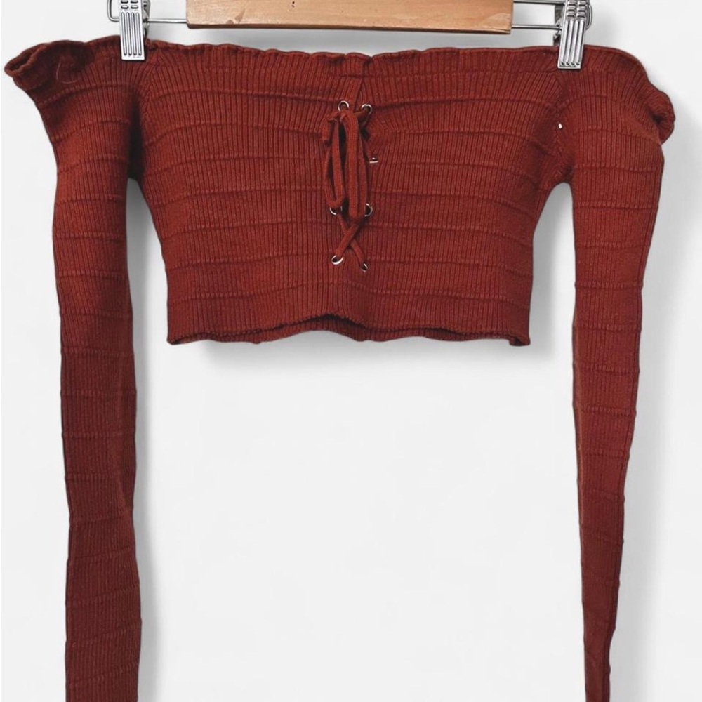 Rust Off-Shoulder Lace-Up Sweater